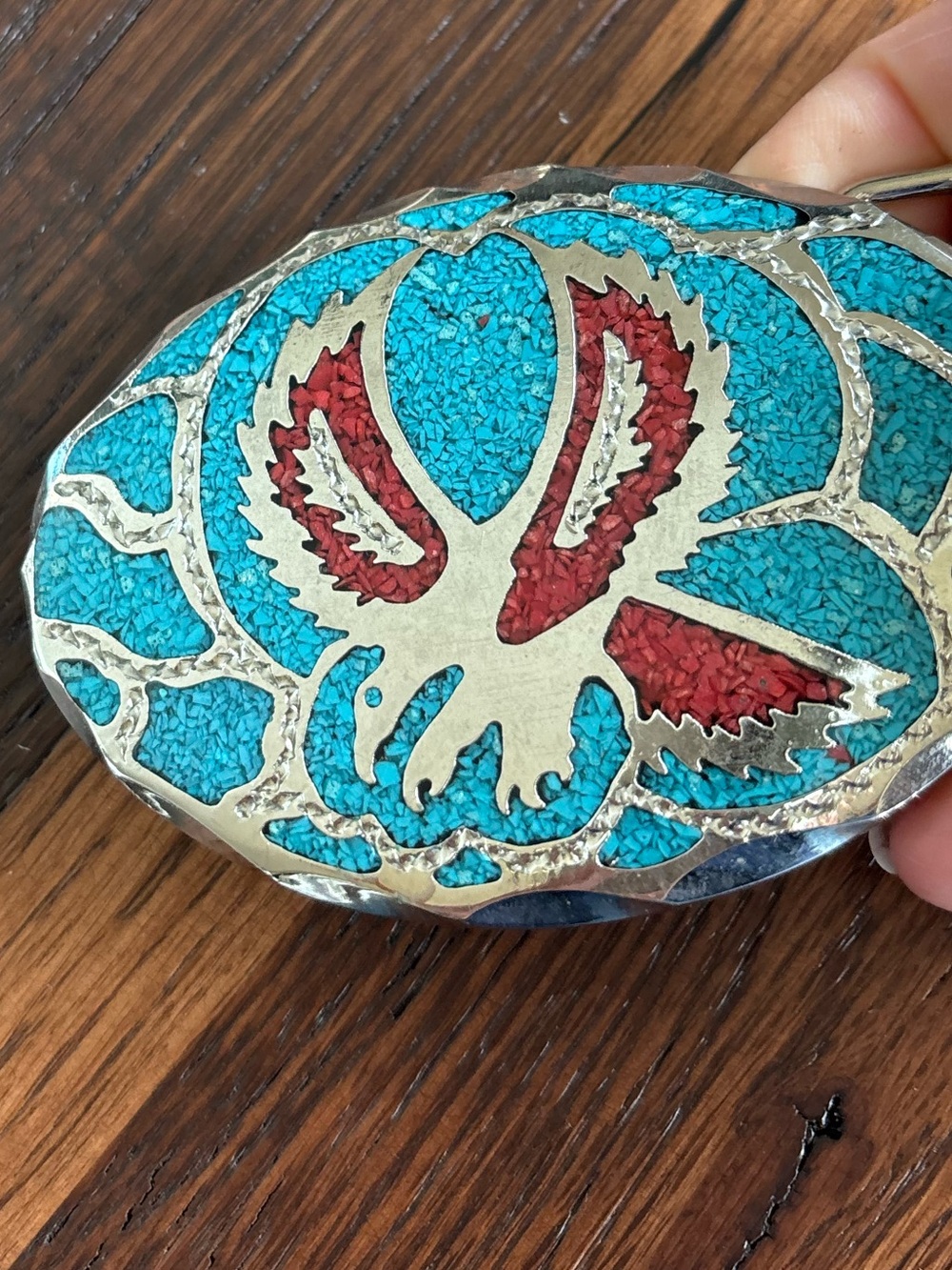 Vintage 70’s Turqouise/Coral Silver Tone Flying Eagle Navajo Western Belt Buckle